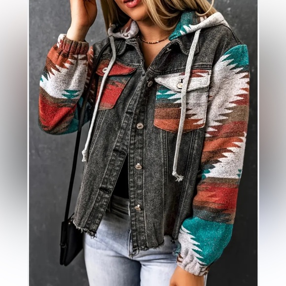 Multicolor Black Denim Jean Button Up Jacket Aztec Pattern Fleece Hoodie - Picture 3 of 7